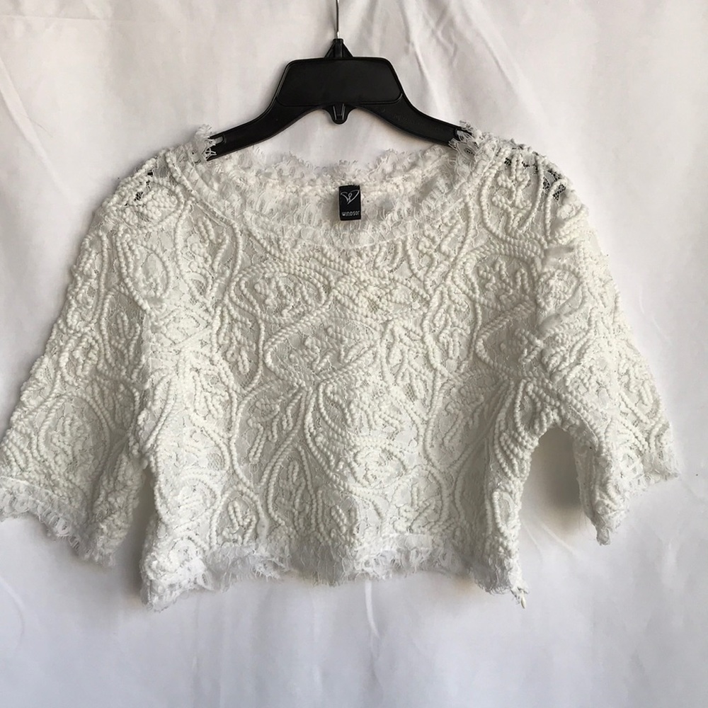 Windsor white brocade crop top with raw edges